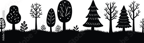 Black silhouette of various trees on a white background in a landscape format