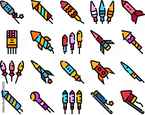 Assortment of vibrant firework rockets and pyrotechnic devices representing celebration, festive events, parties, and explosive entertainment on a clean white background