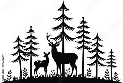 Black silhouette of deer and trees in forest landscape