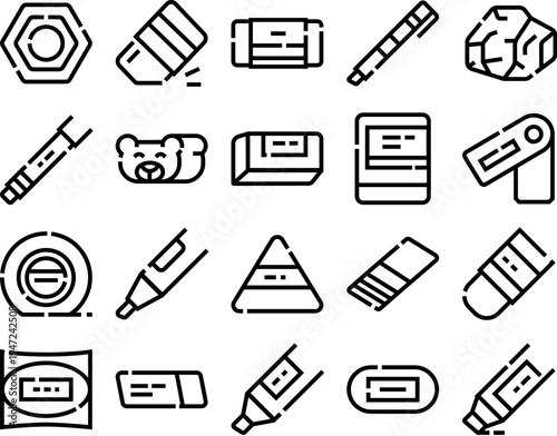 Assortment of linear illustrations depicting various kinds of erasers and other essential office and schooling supplies for drawing, writing, and correcting mistakes