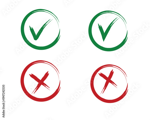 Handdrawn green checkmarks and red crosses inside circles isolated on transparent background for design