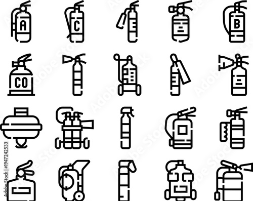 Fire extinguisher equipment line glyph icons collection featuring various types of portable and wheeled devices for emergency safety, providing essential protection against dangerous situations