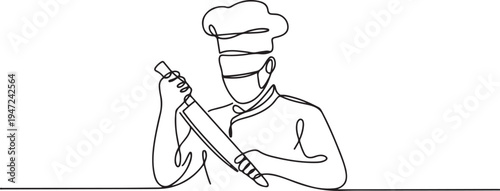 continuous line drawing of chef sharpening knife wearing face mask. One line draw graphic design vector