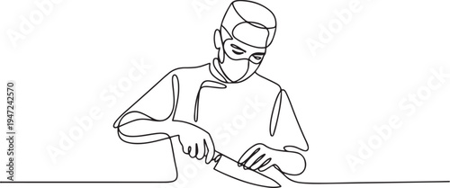 continuous line drawing of chef sharpening knife wearing face mask. One line draw graphic design vector
