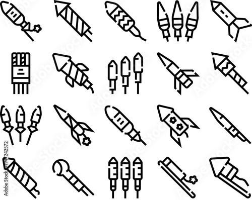 Collection of fireworks rocket icons for celebrating holidays, parties, new year's eve, and special events, creating an exciting atmosphere with explosive pyrotechnics