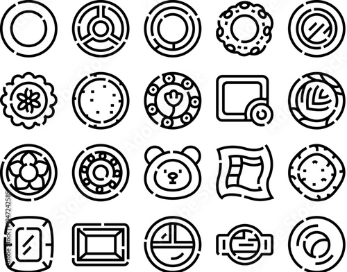 Collection of outline icons portraying different forms and designs of ceramic dinnerware, including plates, bowls, and decorative serving dishes for kitchen and dining concepts