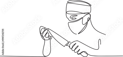 continuous line drawing of chef sharpening knife wearing face mask. One line draw graphic design vector