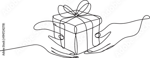 Continuous line drawing of couple hands holding gift box with ribbon. One line draw graphic design vector