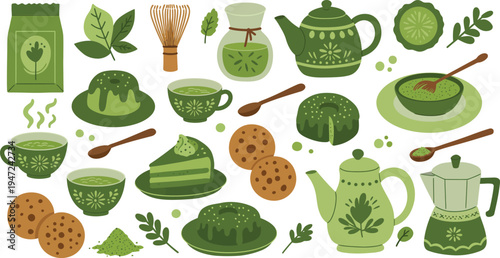 Green tea and sweet treats still life with various utensils and ingredients