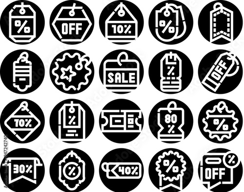 Collection compiling various icons illustrating different marketing promotions, including discount percentage tags, sale labels, and price off stickers, useful for retail advertising