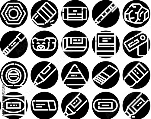 Various types of eraser stationery items and correction tools are collected in a set of black and white circular glyph icons for office and school use