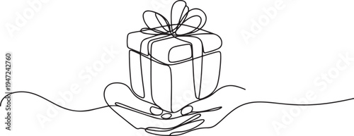 Continuous line drawing of couple hands holding gift box with ribbon. One line draw graphic design vector