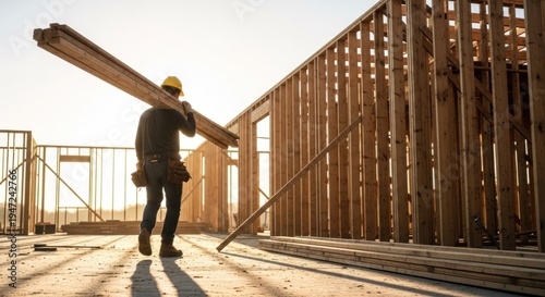 Construction worker carrying lumber at a construction site.