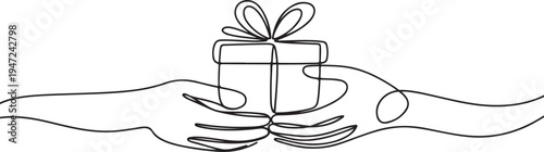 Continuous line drawing of couple hands holding gift box with ribbon. One line draw graphic design vector