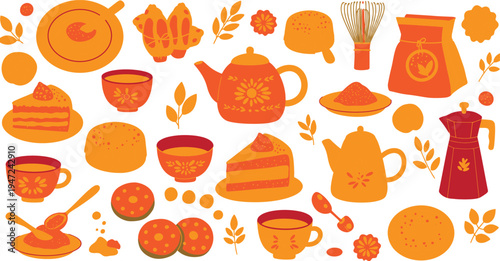 Warm orange kitchen utensils and baking ingredients illustration on white background