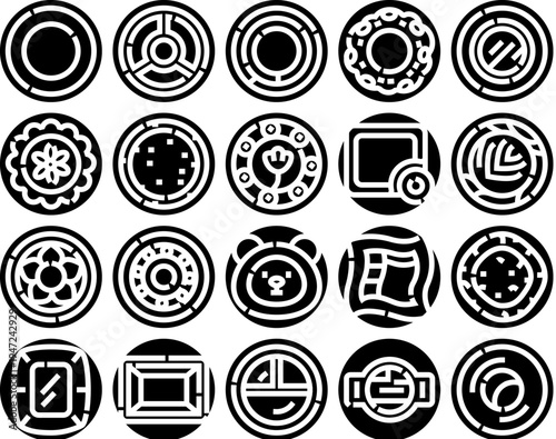 Manhole covers collection presenting various ornamental and functional designs, illustrating essential urban infrastructure for drainage and underground utility access on paved streets