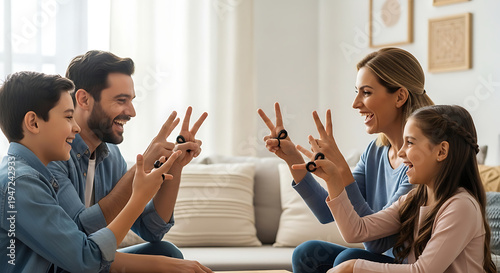Family playing a finger counting game, sharing laughter and quality time together indoors