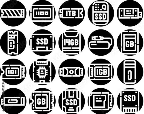 Computer hardware and information storage glyph icons presenting various digital data devices including solid state drives, ram, flash drives, and memory cards for technology concepts