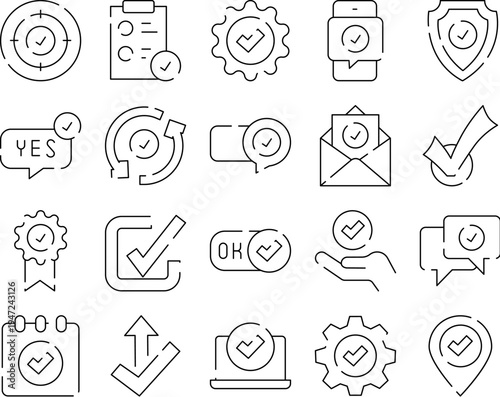 Checkmark line icons providing concepts of digital approval, task completion, successful verification, confirmed status, and trusted security across various applications