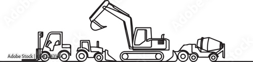 continuous line.Construction equipment . Special machines. Construction machinery. Forklifts, excavators, tractors, bulldozers, concrete mixers. One line draw graphic design vector