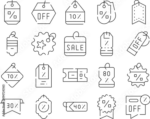 Shopping discount tags presenting various promotional offers and percentage reductions for retail marketing campaigns, including labels for clearance events