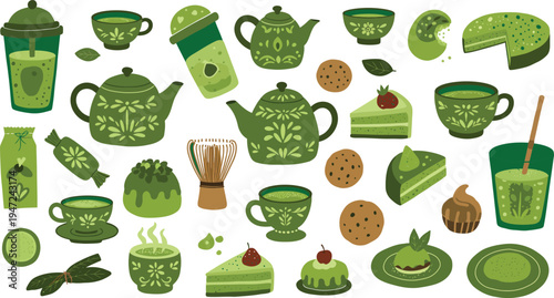 Green tea and matcha beverages with various utensils and ingredients on white background