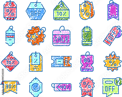Colorful doodle icons depicting various price tags, coupons, and stickers for retail promotions, conveying concepts of bargain shopping and special offers