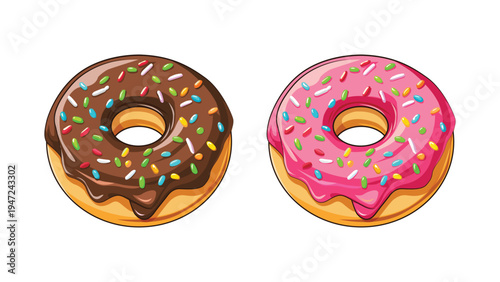 Donuts with chocolate frosting  pink sprinkles. Ideal for bakery, dessert, food, or kids themed designs. Perfect for social media posts.