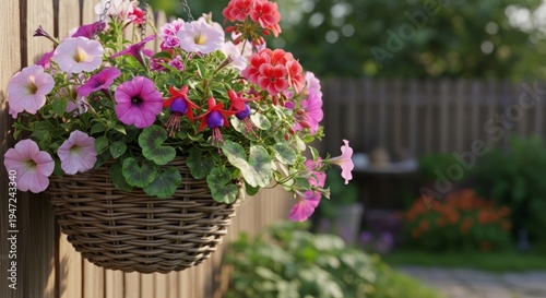Wallpaper Mural Vibrant hanging flower basket decorating a garden fence in sunlight metaphor for summer outdoor aesthetics and home improvement Torontodigital.ca
