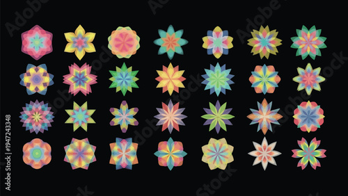 Colorful array of geometric patterns featuring circles, triangles, and stars in vibrant hues Vector