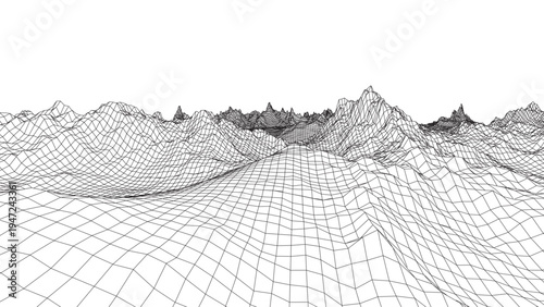 Futuristic Wireframe Mountain Landscape Vector – Abstract Digital Terrain Grid, Low Poly Geometry, Topographic Mesh Surface, Sci Fi Technology Background with Perspective Depth
