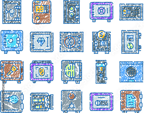 Secure collection of safe box and vault icons in a hand drawn sketch style, representing financial protection, money storage, and valuable deposits for banking and finance