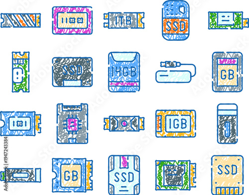 Collection of colorful hand drawn icons creating a pattern of various data storage devices including solid state drives and memory cards for digital technology