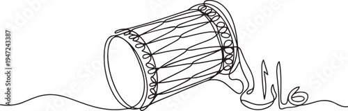 Continuous one line drawing of drum Islamic religion. Single line drawing illustration of bedug Islamic drum. Ramadan kareem concept. One line draw graphic design vector