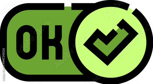 Green toggle switch icon displaying text ok with a check mark symbol, representing successful confirmation, validation, and completion of a process or task