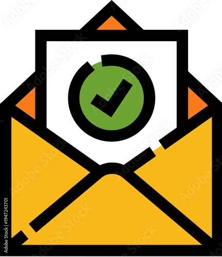 Open envelope containing a document with a green checkmark symbol, indicating success, verification, accepted message, or completed status for a digital communication