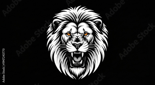 A fierce lion's head with an open mouth and sharp teeth