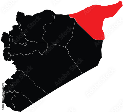 Hassakh Governorate Highlighted on Syria Map with Regions, Editable Vector