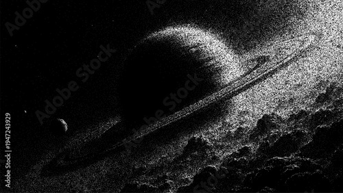 Saturn ringed planet in black and white stipple art style. Retro cosmic illustration of solar system, dotted space texture. Conceptual galaxy background for astronomy exploration.