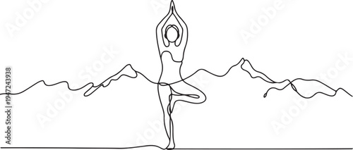 Continuous one line drawing woman doing yoga outdoors. High mountain. Girl yogi standing on one leg. Mountain landscape. One line draw graphic design vector