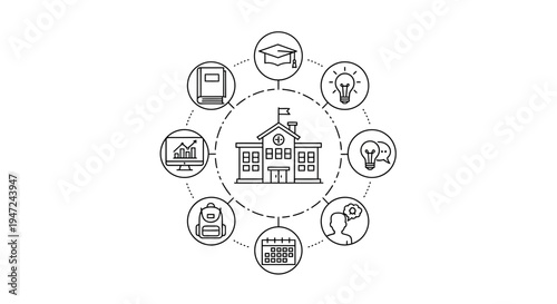 Education concept: School building surrounded by icons representing learning, ideas, and success