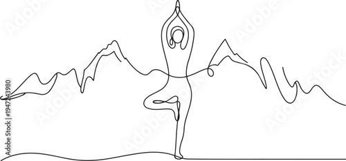 Continuous one line drawing woman doing yoga outdoors. High mountain. Girl yogi standing on one leg. Mountain landscape. One line draw graphic design vector