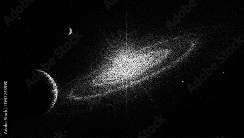 Space galaxy with moon in stipple art style. Dotwork illustration of universe showing stars and planet. Artistic grainy texture for cosmic design background or wall print decor.