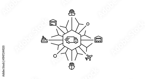 Global Logistics Network: Truck, Ship, Airplane, Warehouse Icons Connected