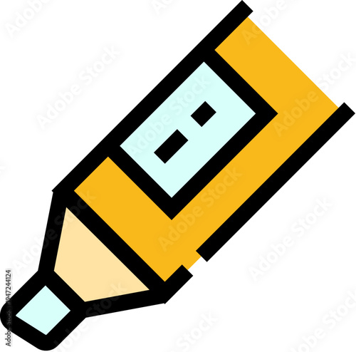Yellow highlighter marker pen with a light blue cap and body detail, designed as a simple vector icon for educational, business, and office supply concepts