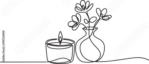 Continuous single line sketch drawing of aromatic spa candle and beautiful flower vase pot. One line draw graphic design vector