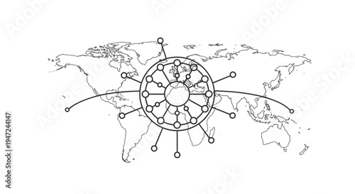 Global Network Connections: Digital World Map with Interconnected Nodes