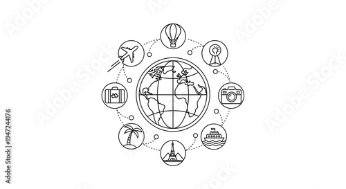 Global Travel and Tourism Icons Around the World Map - Vector Illustration