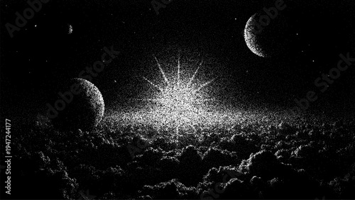 Space landscape with stipple effect showing planets and sun over clouds. Dot art illustration of galaxy. Monochrome drawing for vintage science fiction aesthetic and cosmic wallpaper design.