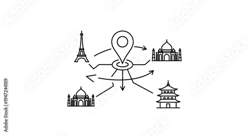 Global Travel Destinations: Iconic Landmarks Connected by a Central Map Pin